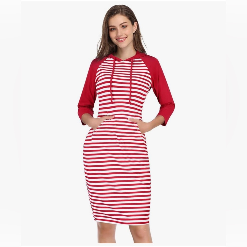 Red and White Striped Hoodie Dress